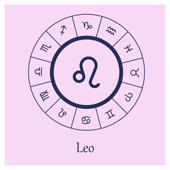 Leo sign . Leo zodiac sign symbole on pink background horoscope astrology. Astrological calendar. Zodiacal pink vector horoscope. Line (Woman, Woman, female, girl, baby girl