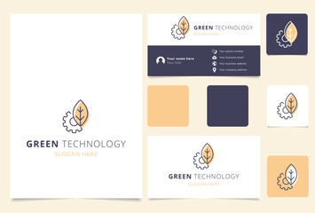 Green technology logo design with editable slogan. Branding book and business card template.