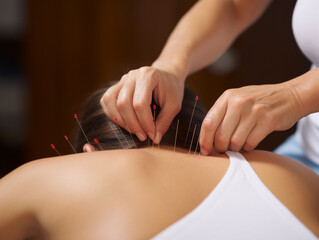Closeup of a doctor's hand performing acupuncture therapy on customer's back at salon, ai generative
