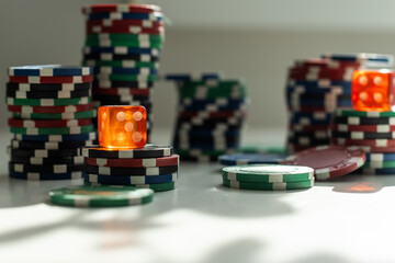 Stack of chips for casino isolated on white background. Volumetric heap of money or cash for games like poker and blackjack, roulette. Betting club and gamble, winning theme. copy space for text