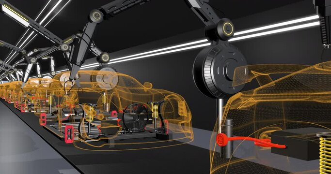 Robotic Arms in Car Manufacturing. Electric Dreams Come True. Industry And Technology Related Concept 3D Animation.