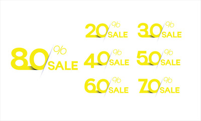 10%, 20%, 30%, 40%, 50%, 60%, 70%, 80% Discount. Sale tags set vector badges template. Sale offer price sign. Special offer symbol. Discount promotion. Discount badge shape. Vector design