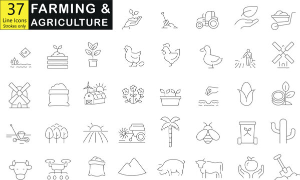 Agricultura, Agricultura, 37 Ícones de Linha. Ilustração vetorial em preto e branco apresentando trator, celeiro, vaca, galinha, porco, ovelha, abelha, moinho de vento, regador, cesta de frutas, 