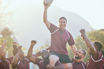 Portrait, sports and rugby team celebrate teamwork, carry player and happy for game victory,...