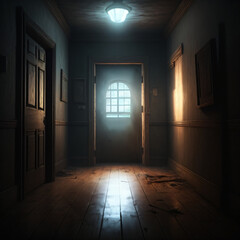 Fototapeta premium Dark room illuminated by bright light shining trough a window Created with Generative AI