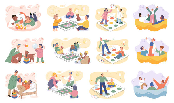 Game together. Family fun. Friendship time. Vector illustration. Family time spent playing games cultivates sense of belonging and togetherness Board games offer delightful escape from ordinary