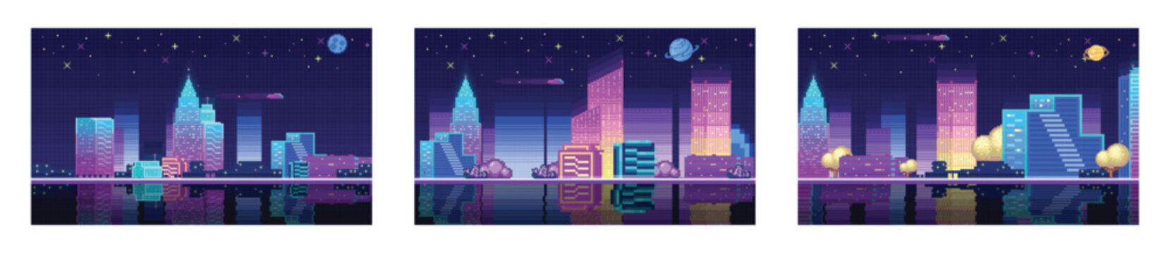 Neon lights and dark theme city. Chinese 8 bit city, arcade, poster. Bright colorful, illuminated street, city landscape. Cityscape. Pixel art style, cyberpunk city scene, night time with neon lights