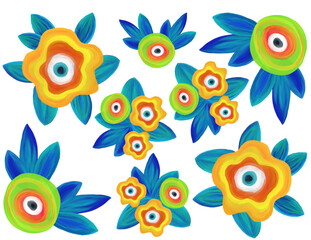 Abstract colorful green, blue, and orange flowers on a transparent background PNG