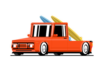Pickup truck with surfboard on isolated background, Vector illustration. © auns85