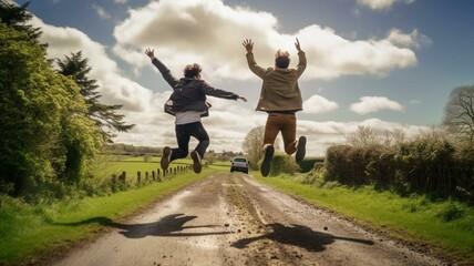 Two men jumping for joy in countryside