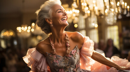 Elegant woman in 50s, joyfully laughing in designer gown, backdrop of grand ballroom blurred, exudes luxury, opulence and exclusivity.