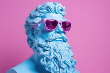 Greek blue bust with brutal god Zeus wearing pink glasses on pink pastel background.