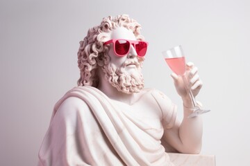 Greek bust of the god Dionysus wearing rose-colored glasses with a glass of pink wine on a white background.