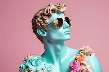 Romantic blue sculpture of apollo wearing fancy glasses with flowers on a pink pastel background.