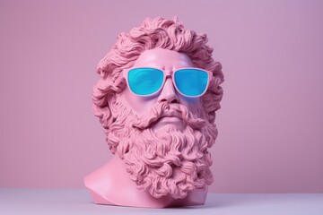 Greek pink bust with brutal god Zeus wearing blue glasses on pink pastel background.