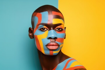 Portrait of a young African guy with abstract art makeup on pastel yellow and blue background.