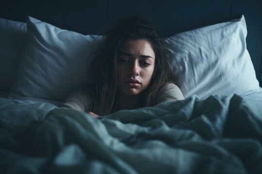Young girl with sad depressed face lying in bed. Concept of mental health.