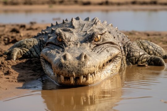 Close-up image of a crocodile lying in the mud.