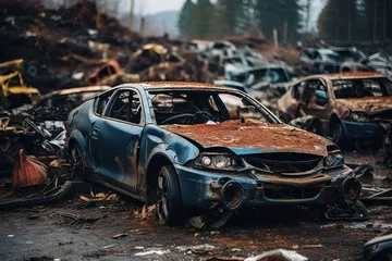 Foto op Plexiglas Schipbreuk Junkyard of broken faulty cars, crushed cars at a scrap yard