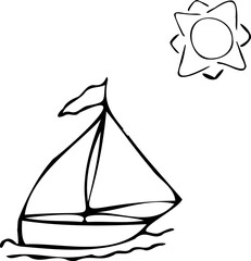 Sailing boat on a wave and sun colorless black and white contour line. Doodle illustration for coloring pages, holiday postcards