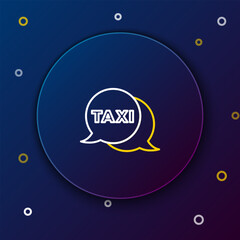 Line Taxi call telephone service icon isolated on blue background. Speech bubble symbol. Taxi for smartphone. Colorful outline concept. Vector