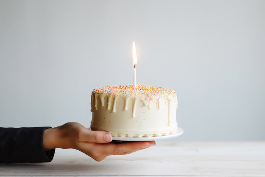 Hand Holding A Birthday Cake With A Lit Candle