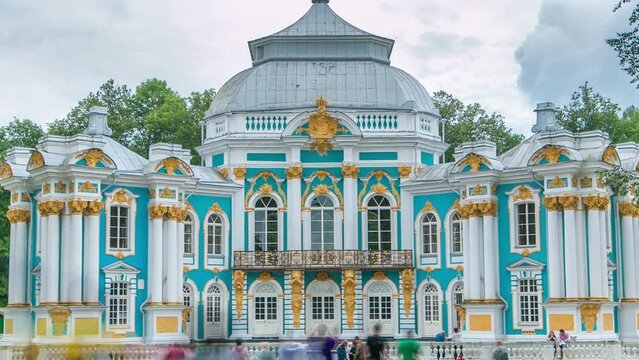 Timelapse of Hermitage Pavilion: A picturesque spot in Catherine Park, Tsarskoe Selo near Saint Petersburg, Russia. Cloudy sky adds to the ambiance