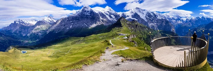  Swiss nature scenery. Scenic snowy Alps mountains and wild floral meadows. Beauty in nature. Switzerland landscape. View of Mannlichen mountain and famous hiking route Royal road © Freesurf
