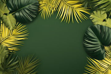 Palm tree Leaves frame Background on green background with copy space