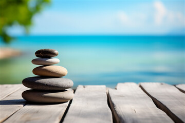 pebble tower on wooden surface on sea coastline on water background with copy space