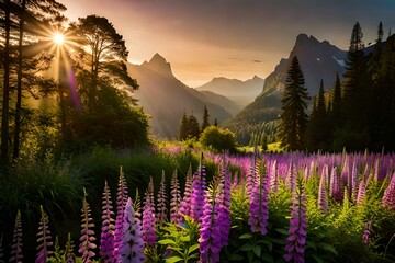 sunset in the mountains, A vibrant foxglove flower stands tall in a lush garden, its vivid purple petals reaching towards the sky.