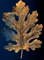 golden oak leaf with saved texture on dark blue background
