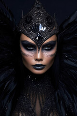 Dramatic Crow-Inspired Beauty. Feathered Fantasy Elegance Unveiled. AI Generated