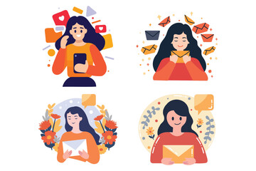 Hand Drawn happy woman with envelopes in flat style