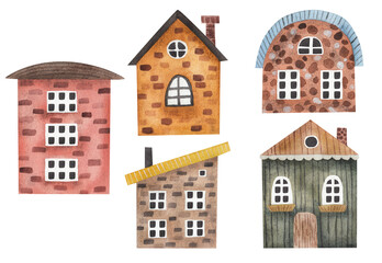 Cute houses, hand drawn cartoon style. Watercolor set, Watercolor illustration