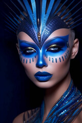 Fototapeta na wymiar Dramatic Blue Eyeshadow Elegance. Futuristic Glamour with Bold Blue. AI Generated
