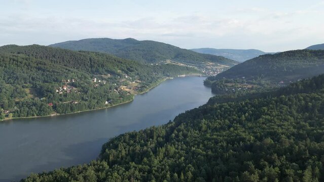 Zywiec Lake Aerial View (Polish: Jezioro Zywieckie) is a reservoir on the Sola river in southern Poland, near the town of Zywiec. Silesian. Voivodeship. Poland.