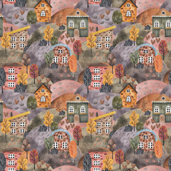 Houses, trees, bushes and hills in hand drawn cartoon style. Watercolor seamless pattern.