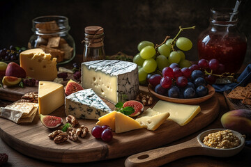 Gourmet cheese board with a variety of cheeses and accompaniments.  Various types of cheese on a rustic table. AI Generated