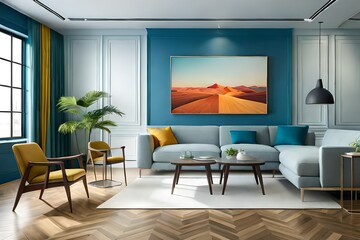 Pastel tone color in blue orange yellow and white room with geometric design