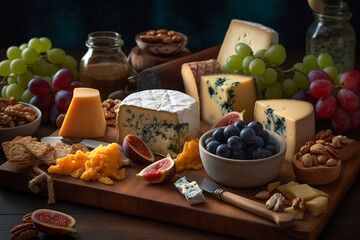 Gourmet cheese board with a variety of cheeses and accompaniments.  Various types of cheese on a rustic table. AI Generated