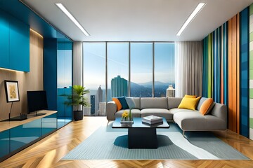 Pastel tone color in blue orange yellow and white room with geometric design