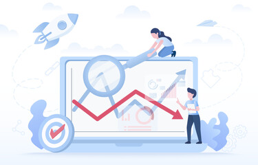 Financial charts, showing both upward and downward trends, red and blue arrows. Business growth, investment and strategy plan. Flat vector design illustration.