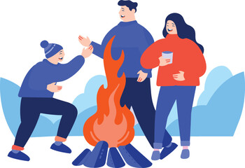 Hand Drawn Tourists with campfire in flat style