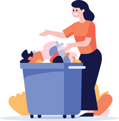 Hand Drawn woman with recycling bin in flat style