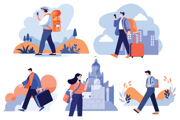 Hand Drawn tourists with attractions in flat style