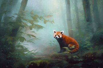 Red panda in bamboo forest