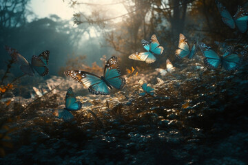 swarm of blue butterflies in woods