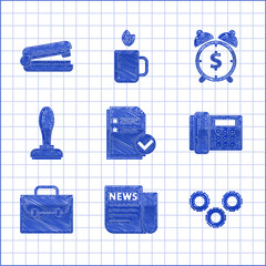 Set Document and check mark, News, Gear, Telephone, Briefcase, Stamp, Alarm clock with dollar symbol and Office stapler icon. Vector