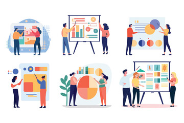 Hand Drawn Group of business people with presentations in flat style